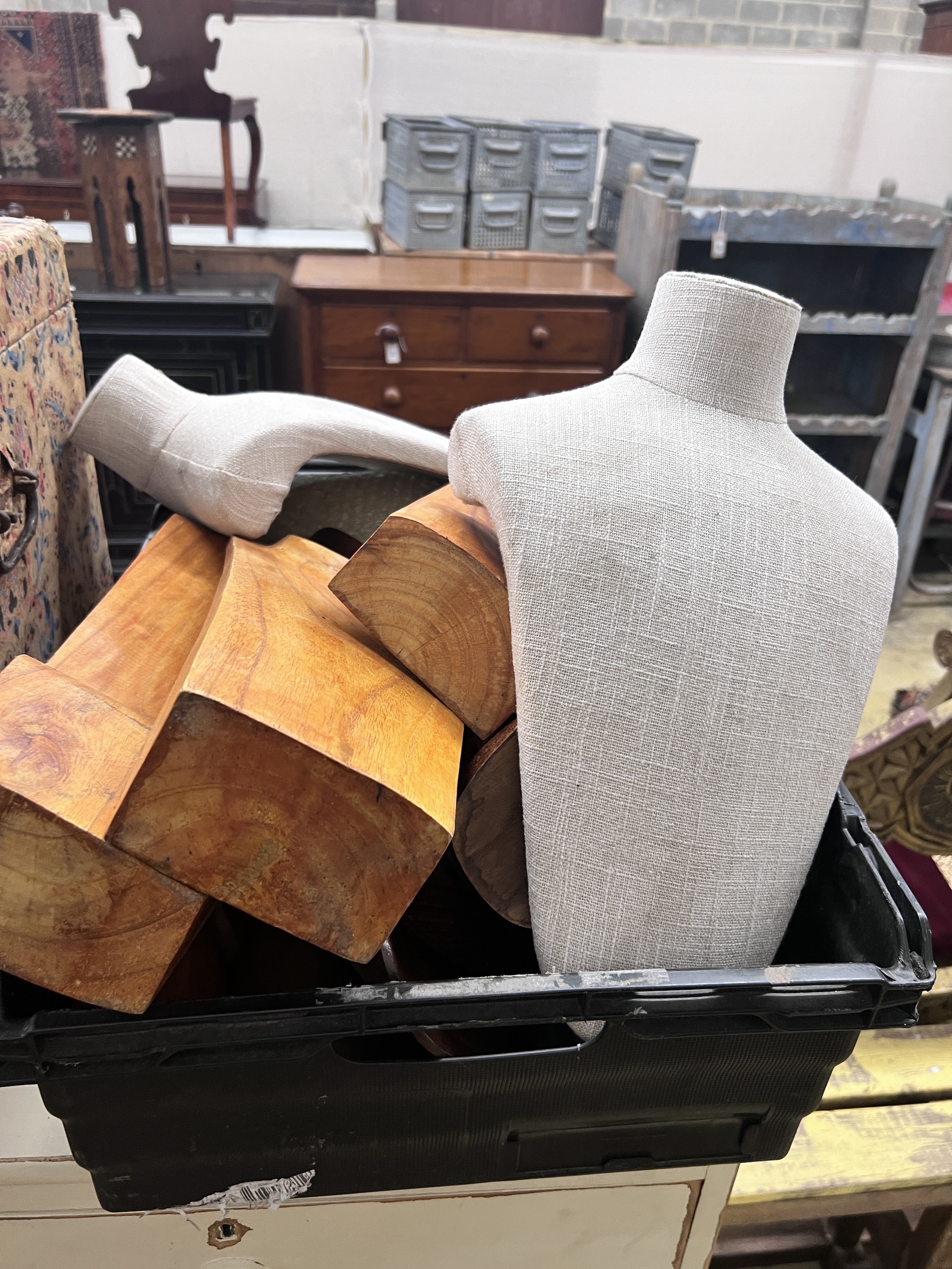 A Victorian pine trunk, assorted jewellers' mannequins and an oak stand